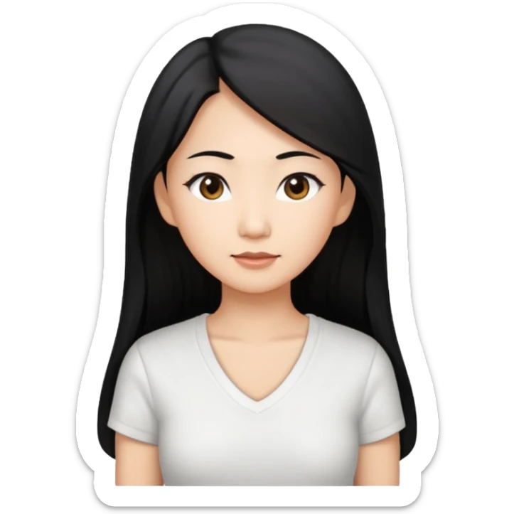 asian mom with long black hair and big brown eyes emoji in a white v neck shirt sticker