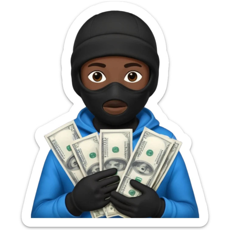 Black Ski mask holding bags of money with  skin color black sticker