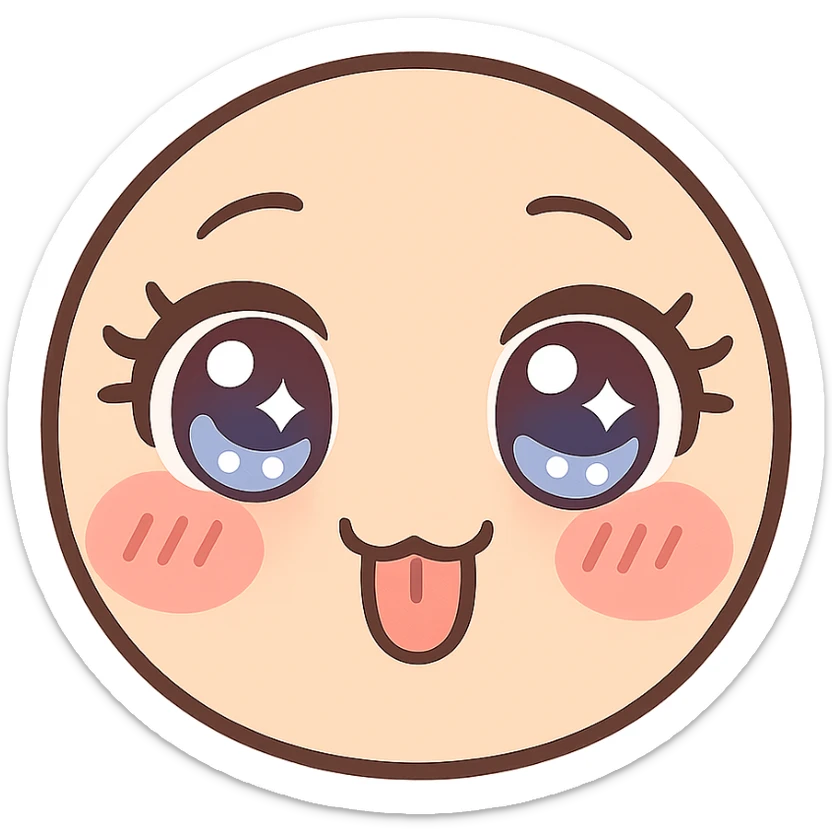anime-inspired emoji in sexy manga style, large shiny eyes, emphasized eyelashes, cute smile with tongue out, red cheeks, glossy lips, pastel accents, delicate shading, HD, 512x512 pixels, solid color background, kawaii fanservice sticker