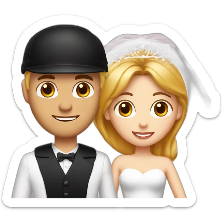 wedding couple blond man with black cap and white shirt, woman with medium red hair shirt with neckline sticker
