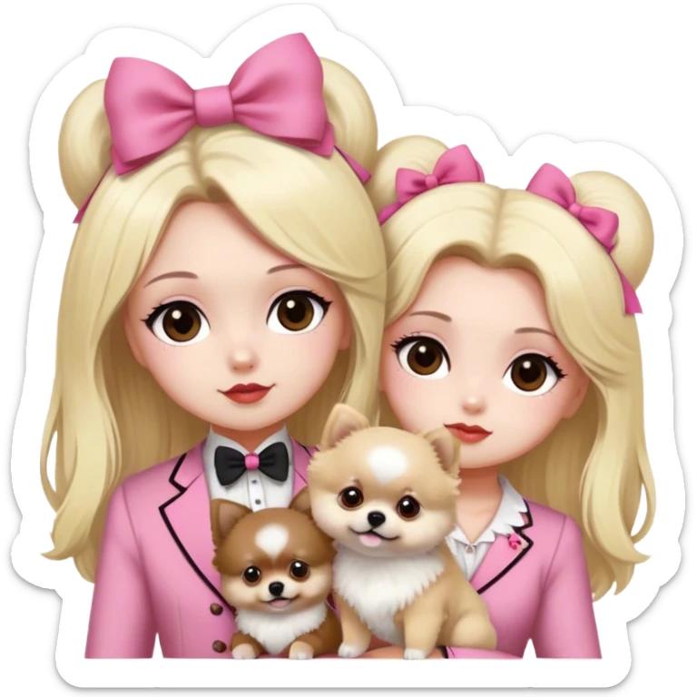 blonde girl old money outfit brown eyes with his husband white skin black hair and brown eyes with two pomeranian baby 1 white and another red brown with pink bow for the dogs sticker