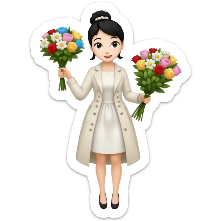 Chica blanca,cuerpo entero, vestido fiesta blanco ,manga larga ,con abrigo, pelo negro,    ramo de flores una mano, pelo recogido en moño alto sticker