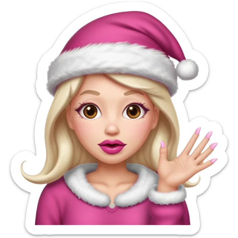 Sassy, cunty, girly Santa emoji with big lips, long nails, pink sweater, and a pink santa hat. sticker