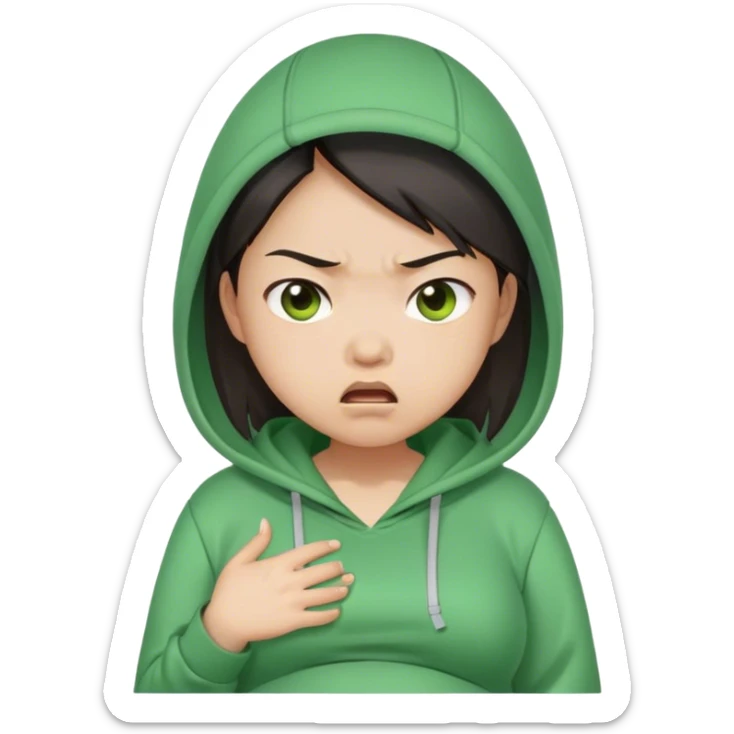 ASIAN gpregnant girl emoji, angry, upset wearing green hoodies sticker