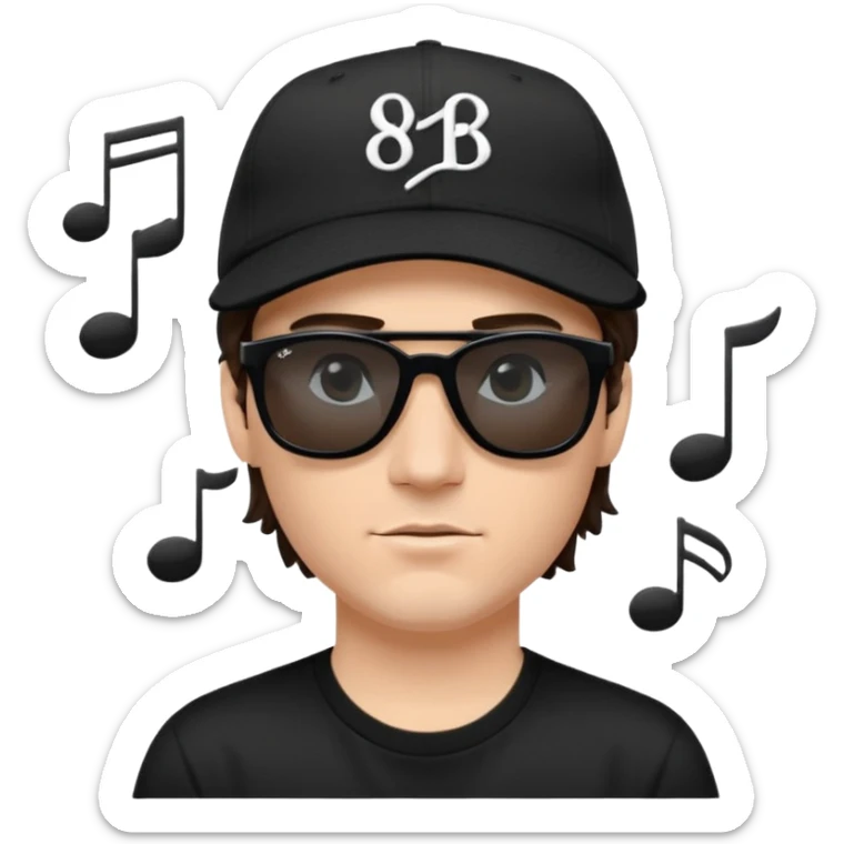 “Emoji of a white man with dark brown hair under a black baseball cap, wearing a black t‑shirt and 1980s‑style black Ray‑Ban rectangle sunglasses, with black musical notes floating around his head,  sticker