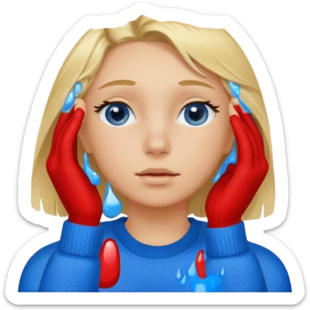 Girl massaging her head with blonde wet hair with anti-dark circles patches in her eyes dressed in a blue sweater sticker