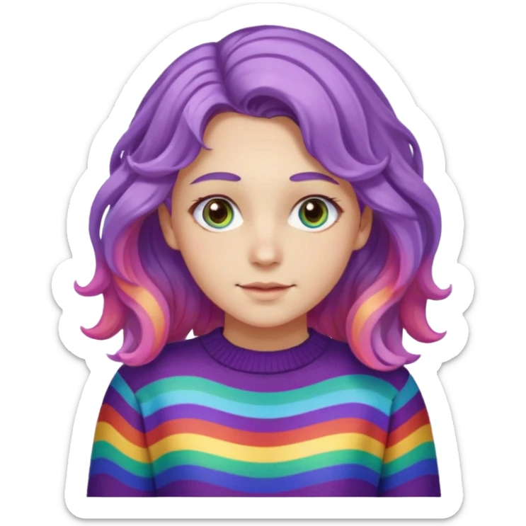 Lila renkli dalgalı saç beyaz tenrengi hafif çekik gözlü uzun kollu gökkuşağı swit sticker