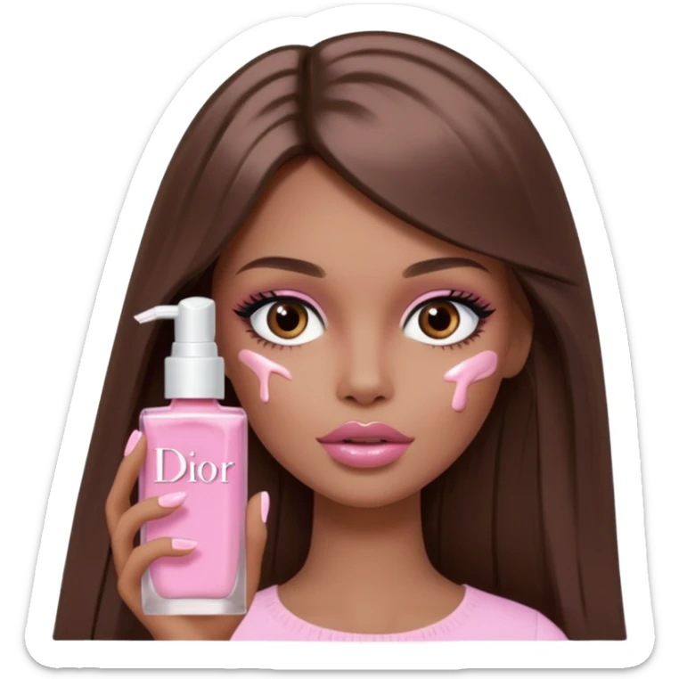 Barbie girl a brown long Straight hair and brown eyes is In pale pink smears by hand cosmetic cream Dior on her face sticker