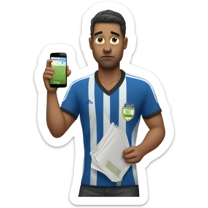 dramatic fair skin soccer fan looking at his phone in his hand and watching his bets lose sticker
