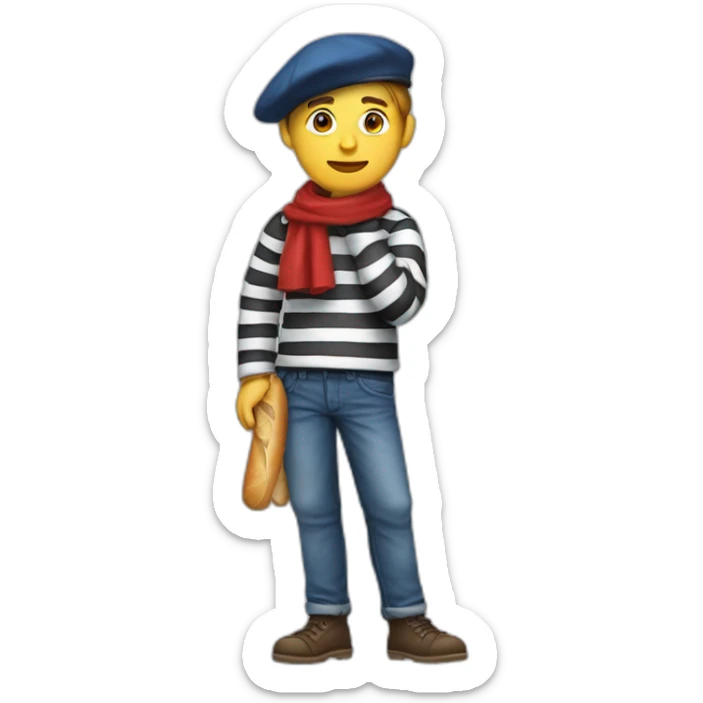 a french guy with a beret, black and white striped clothes, a red scarf, a baguette on his back and blue jeans. sticker