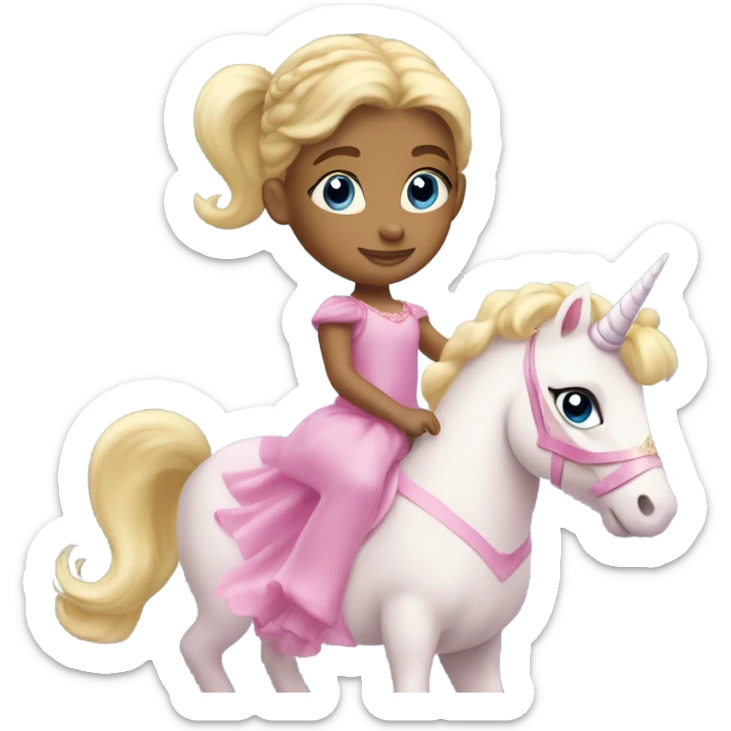 Little 5 year old blonde girl blue eyes in a princess dress riding a big pink unicorn  sticker
