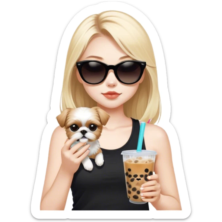 Blonde girl with pale skin and long hair with all black cat eye sunglasses in black tank top and boba tea and tan Shih Tzu  sticker