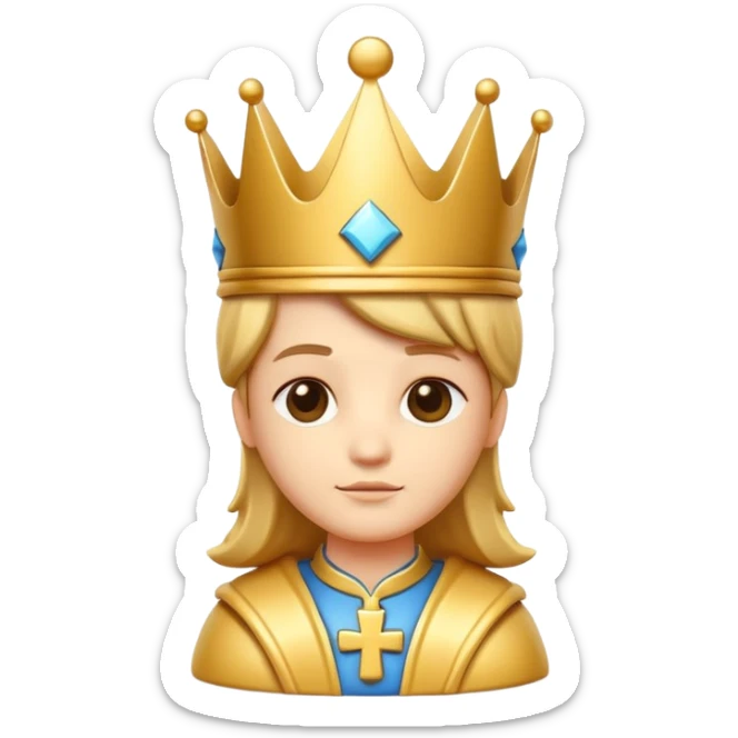 
cute chess king character icon, royal king crown, cross detail on top, 3D cartoon, glossy material, soft shadow, mobile game icon style, centered, clean background, no text, no watermark
 sticker