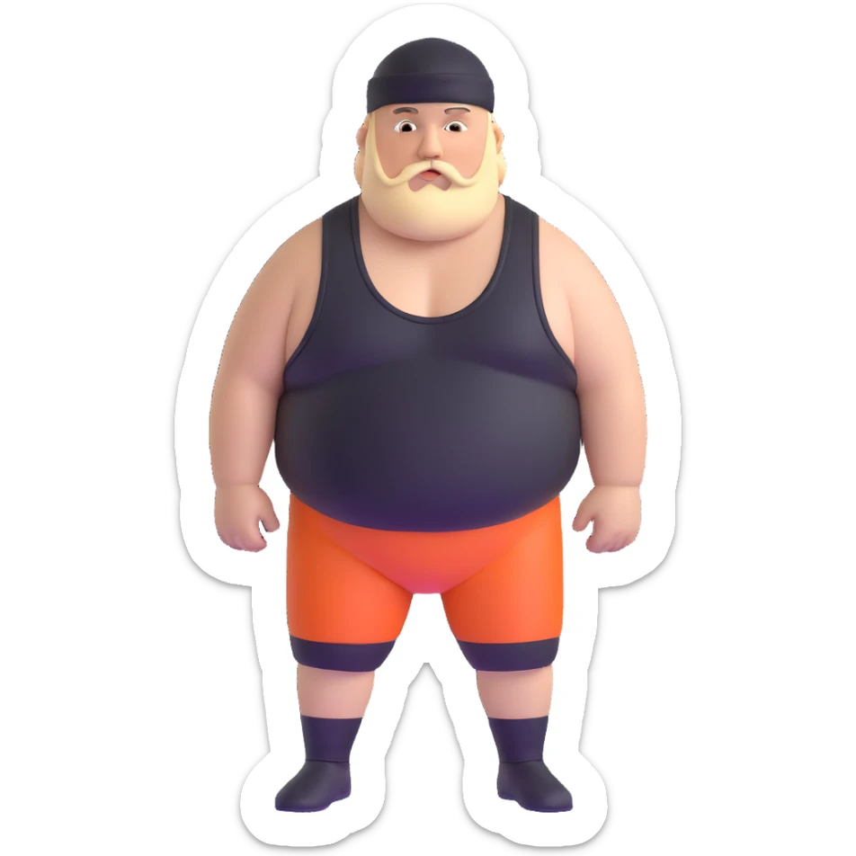 White skin fat guy with black durag, light stubble beard of a few days in wrestling singlet sticker