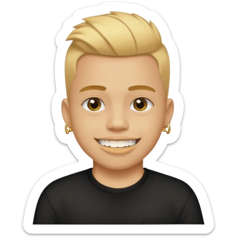 lightskinned person with a taper fade haircut and golden teeth wearing a black tshirt with a white background sticker