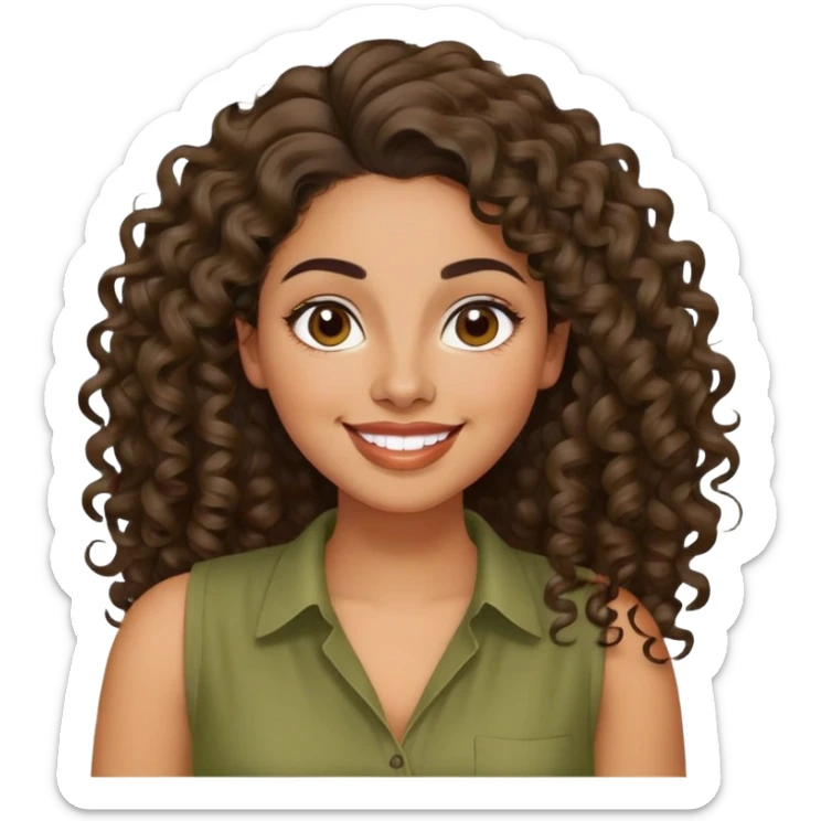 Mujer latina piel brown claro, mediana, cara redonda en forma de pera, cejas definidas, pelo muy largo rizado, peinado hacia atrás con bucles sueltos al frente. Sonrisa amplia, expresión alegre. Blusa verde olivo sin mangas sticker