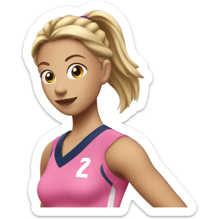 dirty blonde haired girl with ponytail, teen girl, playing volleyball with a pink uniform sticker