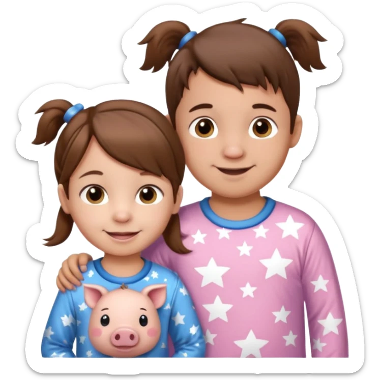 A toddler girl with brown hair with two pig tails, wearing pink pajamas with white stars on them. With a 4 year old boy with spikey brown hair, wearing blue pajamas with white stars on them. Both light skin and smiling. sticker