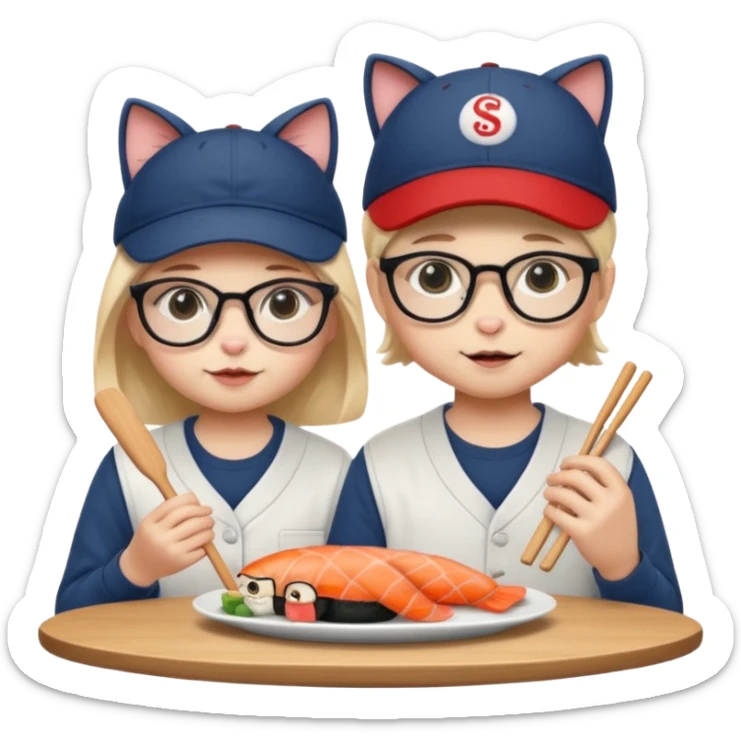 cute girl cat wearing glasses and a cute boy cat wearing a baseball cap eating sushi together sticker