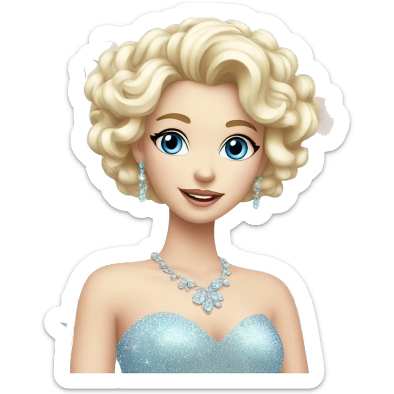 Gorgeous pastel Lady with blue eyes in a sparkly shiny dress with tiara and necklace and flowers behind her and trending  sticker