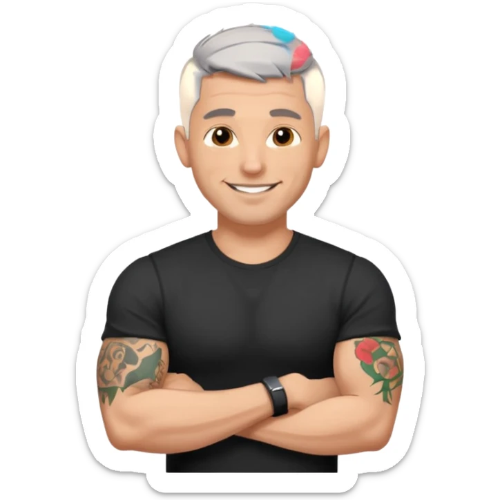 un homme de 35 ans, cheveux très court gris, qui sourit, musclé avec un seul bras tatoué et un tee shirt noir sticker