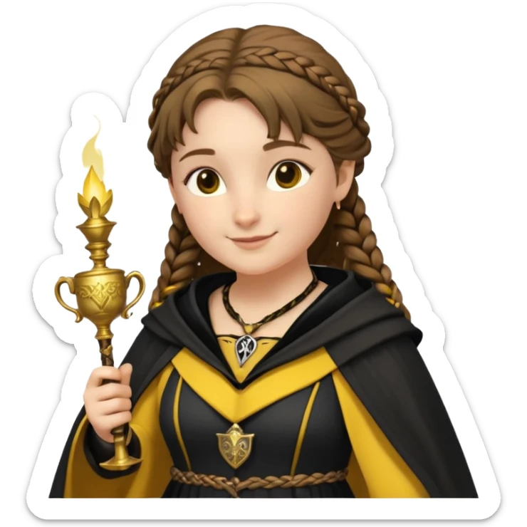Helga Hufflepuff,the Hogwarts founder of Hufflepuff,brown-haired,2braids,yellow-black medieval dress with black cloak decorated with gold braiding,flickering magic wand and tiny two-handled shiny gold cup engraved with the badger silhouette,very kind smile,curvy busty sweet  sticker