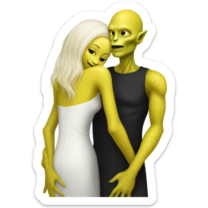 Alien reptilian woman in yellow dress, and, human white skin man in black dress, hugging sticker