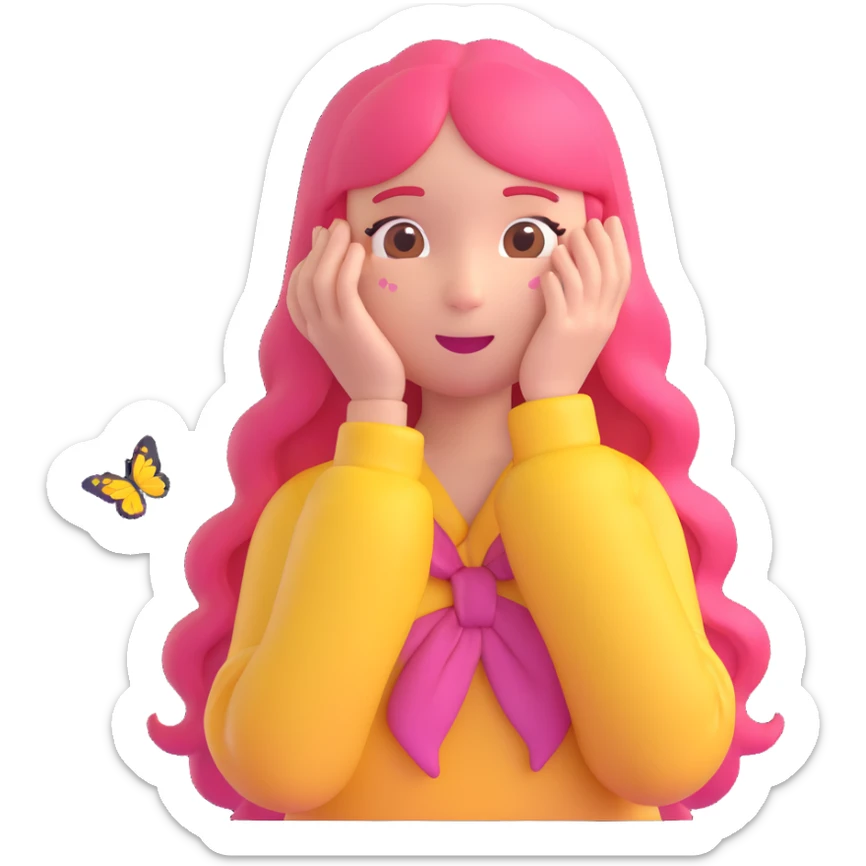 Fluttershy from My Little Pony reimagined as a gentle, shy human girl emoji, with long pink hair, soft yellow clothing, and a kind expression, surrounded by butterflies sticker
