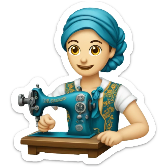 Senhora costureira com máquina de costura antiga azul turquesa  sticker