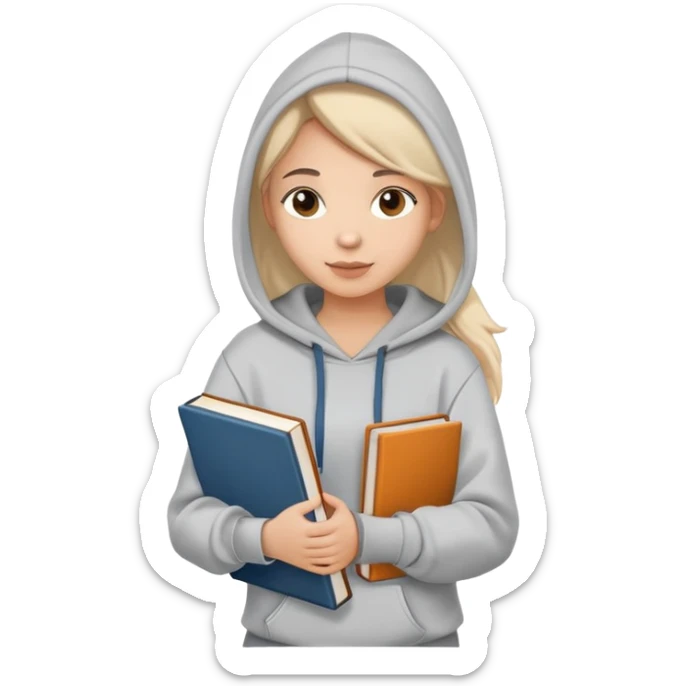 woman college student with a tote bag over her shoulder and a book in one hand. The student wears a hoodie. Clean cartoon style, white background, iOS emoji aesthetic. sticker