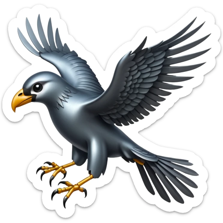Emoji-style icon of a large metallic predatory bird flying, sharp wings, steel texture, dramatic pose, dark background sticker