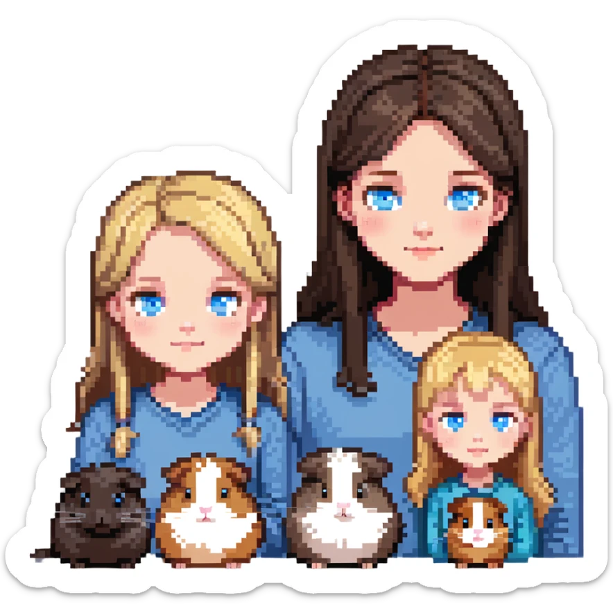 Family portrait with father with dark brown hair and blue eyes, mother with light brown hair and blue eyes, three blonde little girls with blue eyes, plus a grey cat and two guinea pigs sticker