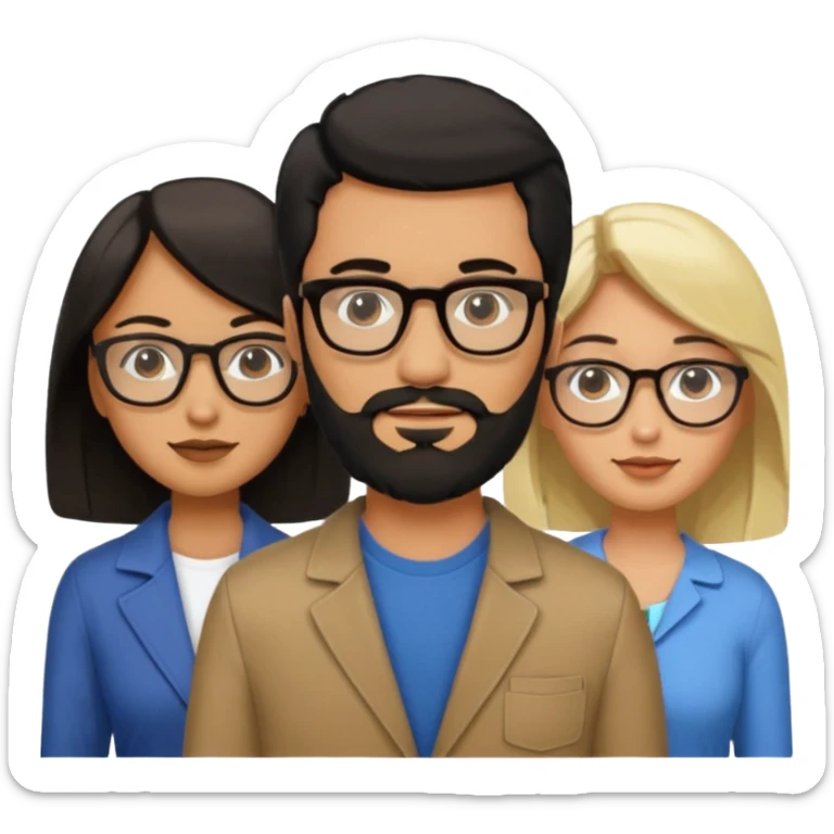 A man with hair and glasses and  a woman with long brown hair and a man with a beard and a woman with a blonde bob sticker