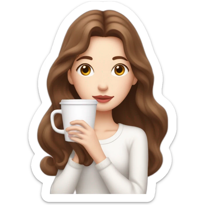woman with pale skin and brown long thin hair wearing a white woolly shirt sipping coffee from a light pink takeaway cup eyes closed sticker
