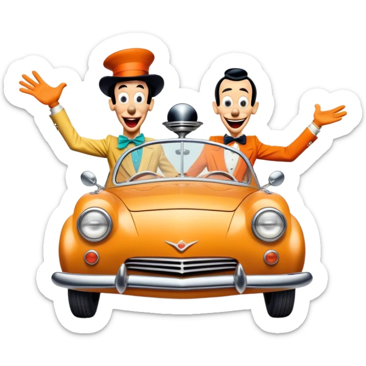 A vintage movie poster-style design with two goofy characters in outrageous outfits, showing exaggerated, silly expressions. Include elements like a goofy car, ridiculous props, and comical facial expressions. Retro comedic style with vibrant colors. Transparent background. sticker