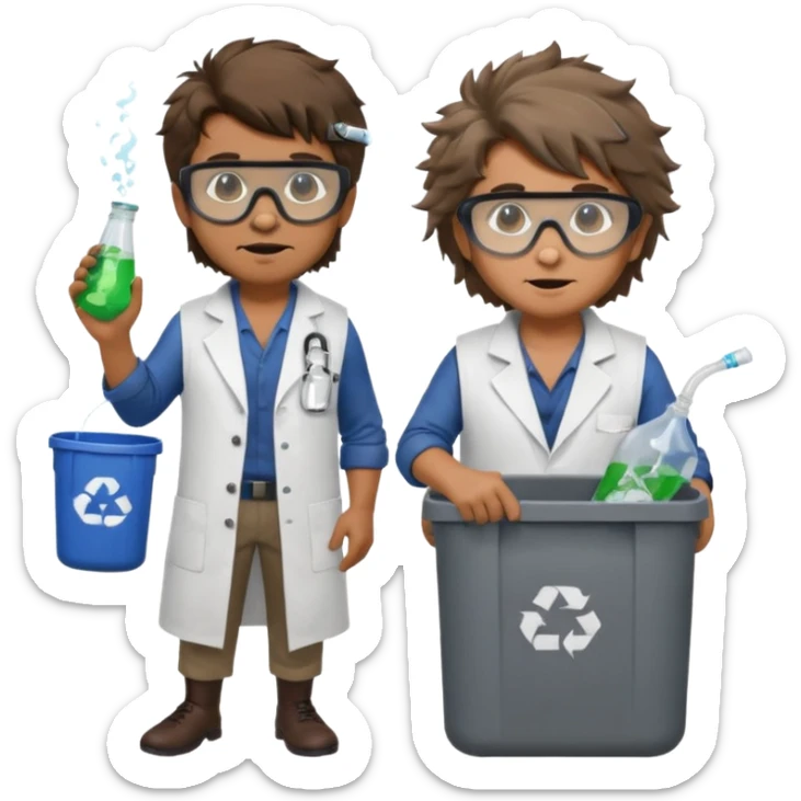 an woman otter disguised as a man picking up trash bins, next to a mad scientist sticker