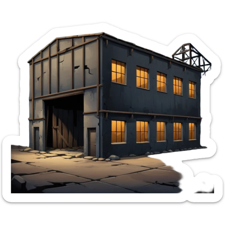 cinematic realistic ultra HD - a warehouse in a secluded place, at night with broken walls sticker