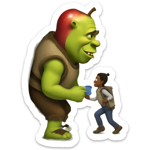 One day, Shrek decided to go for a walk. As he was walking about, he found a tree where he discovered an apple. Upon that apple,there was a worm, and upon that worm there was a fly. sticker