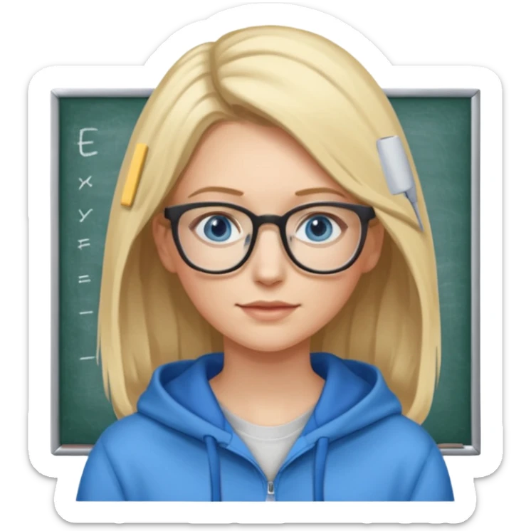 a woman, blonde highlights in hair, glasses and blue eyes. teacher, with a hoodie on and hair longer than shoulders sticker