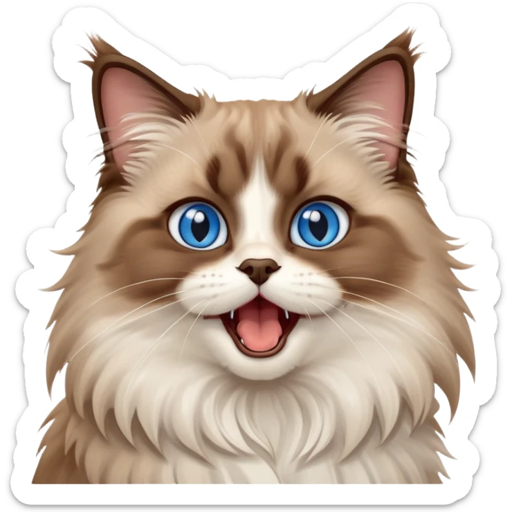 cinematic-adorable-big-eyed-fluffy-brown ragdoll-cat-portrait-emoji,-head-tilted-playfully-with-a-cute,-yawn,-white and brown fur,-simplified-yet-irresistibly-cute-features, blue eyes sticker