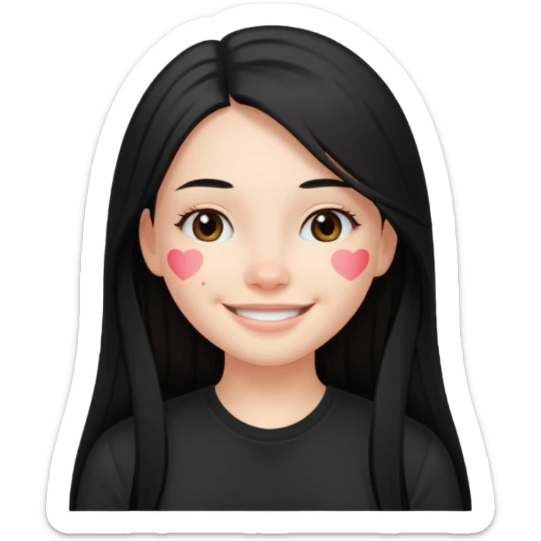 a pretty bratz fair girl with straight long black hair, wearing a black tshirt, smiling sticker
