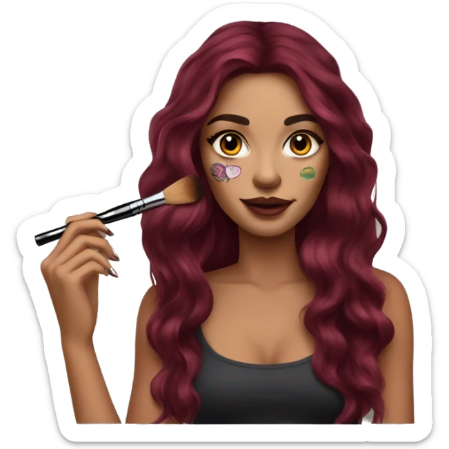 Beautiful tattooed burgundy long haired woman doing her makeup sticker