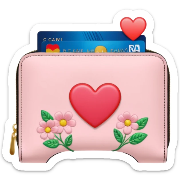 Pale Pink cute Wallet with heart charm, credit cards inside and flowers growing embroidered on it, clean aesthetic, letter R charm on it sticker