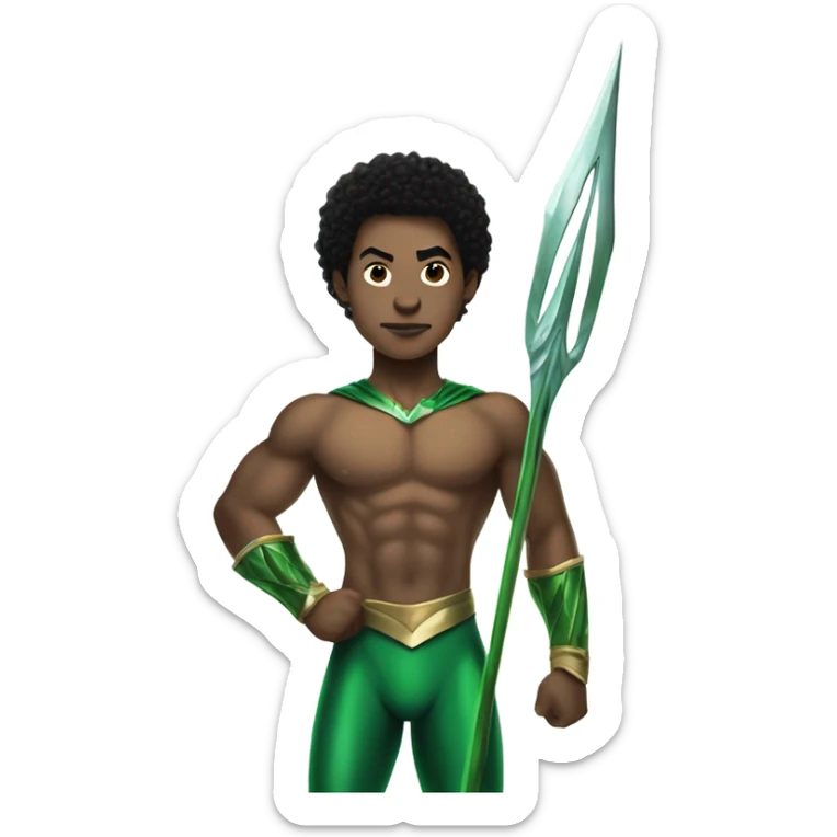 Afro Light-skinned shirtless holding a trident teenager in the green superhero costume of Prince Namor. sticker