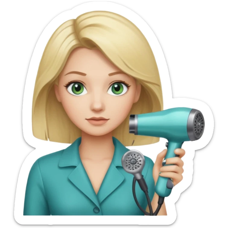 Blonde bob girl hair stylist with blue green eyes holding a hair dryer sticker