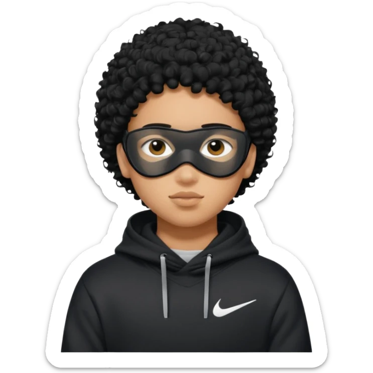 Blasian teenager wearing a hoodie with black curly hair and nike ski mask sticker