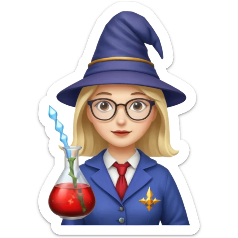 woman scientist with glasses, wearing wizard hat custome, with glass vase, red sticker