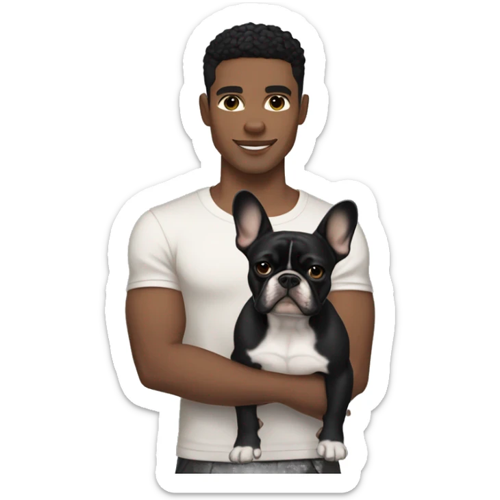 athletic light skin male with short black hair holding a brindle colored french bulldog sticker
