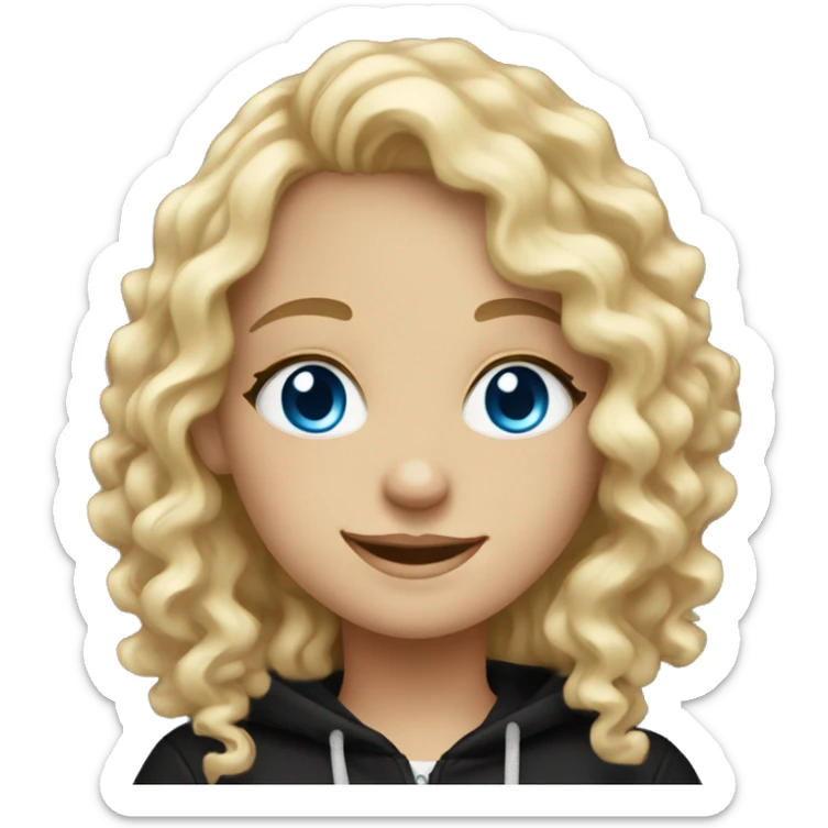 blonde curly girl with blue eyes, in black hoodie, smile sticker