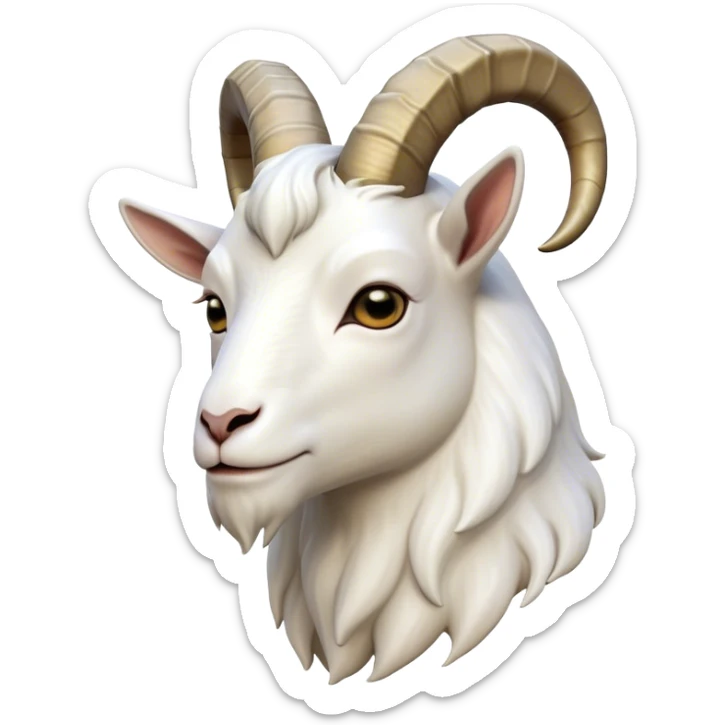 Cinematic Noble White Goat Portrait Emoji, Poised and regal, with a sturdy, agile build and a pristine, smooth white fur accented by gracefully curved horns, deep-set soulful dark eyes, Simplified yet sharp and sophisticated features, highly detailed, glowing with a soft, dignified glow, high shine, intelligent and spirited, stylized with an air of pastoral elegance, focused and attentive, soft glowing outline, capturing the essence of a watchful and confident goat, so majestic it feels as though it could leap out of the screen with effortless authority! sticker